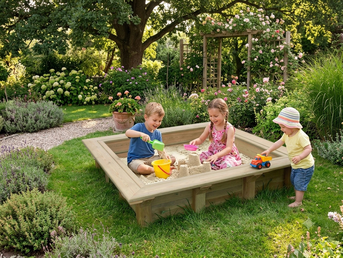 Holz-Sandkasten mit spielenden Kindern im Garten
