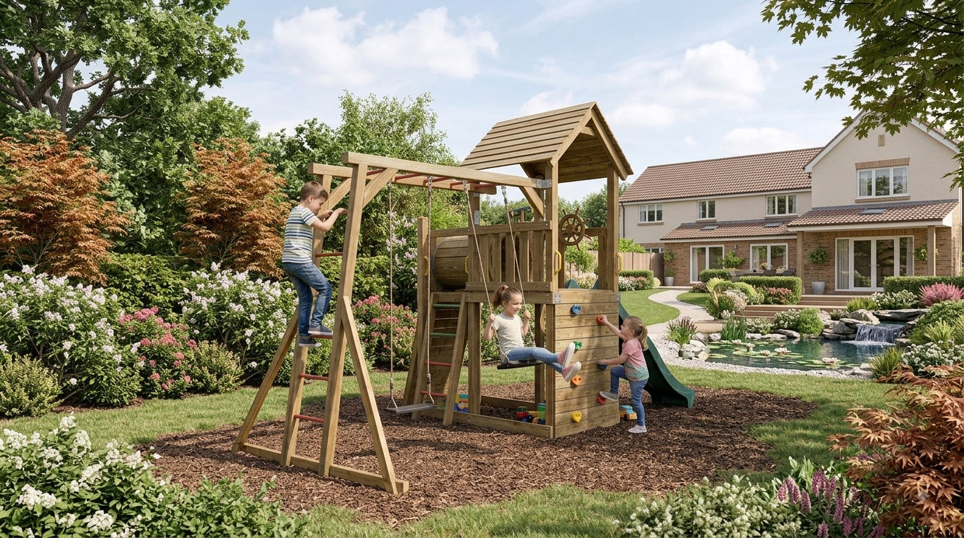 Spielende Kinder aus dem KASO Schaukel-Kletter-Anbau SK2-2 an einem Spielturm im Garten