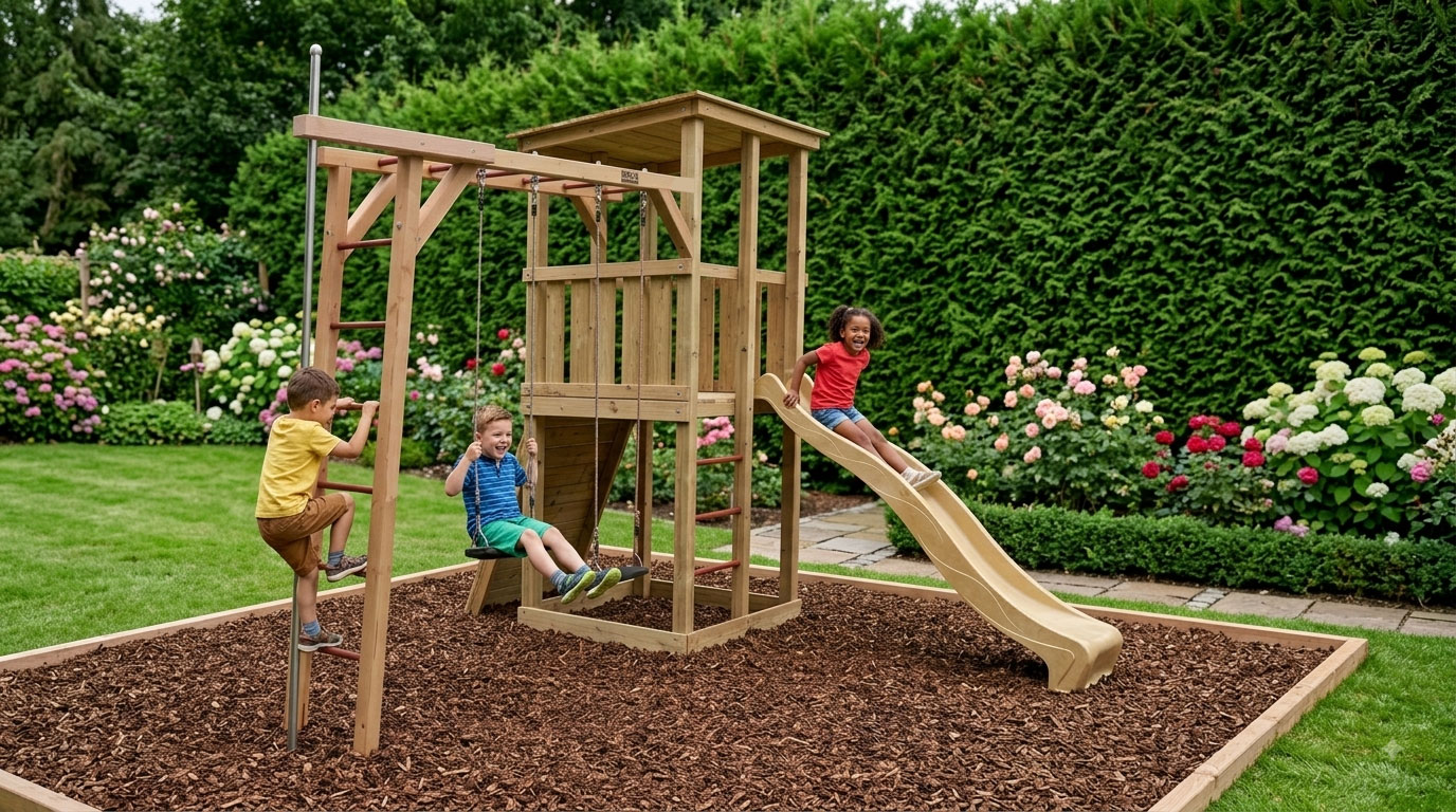 Drei fröhliche Kinder spielen aktiv auf dem installierten KASO Spielturm mit dem Schaukel-Kletter-Anbau SK2-3 im sommerlichen Garten. Der hölzerne Kletterturm mit Dach steht auf Mulch vor blühenden Rosensträuchern und einer hohen Hecke.