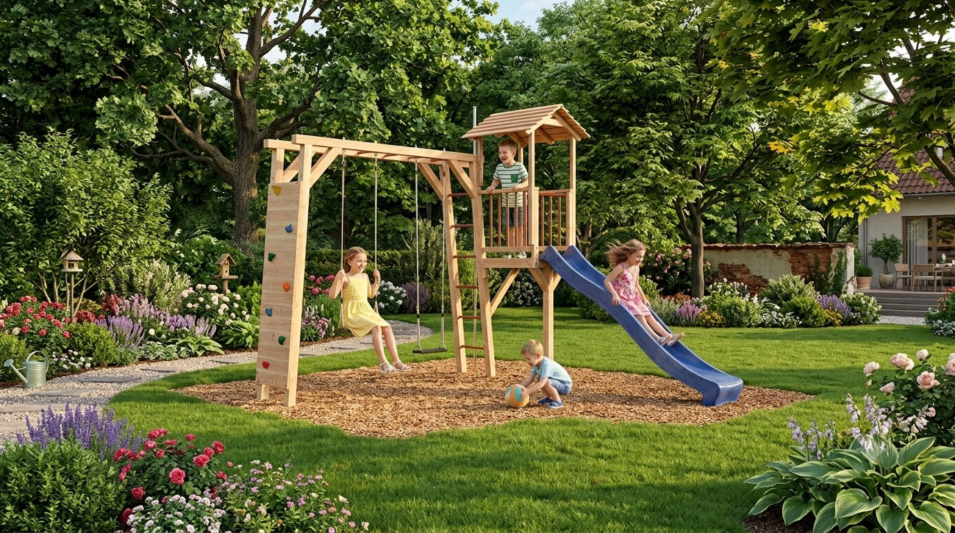 Spielturm Thor-4 Kletterwand Schaukel Rutsche Schaukel Rutschstange Reckstange