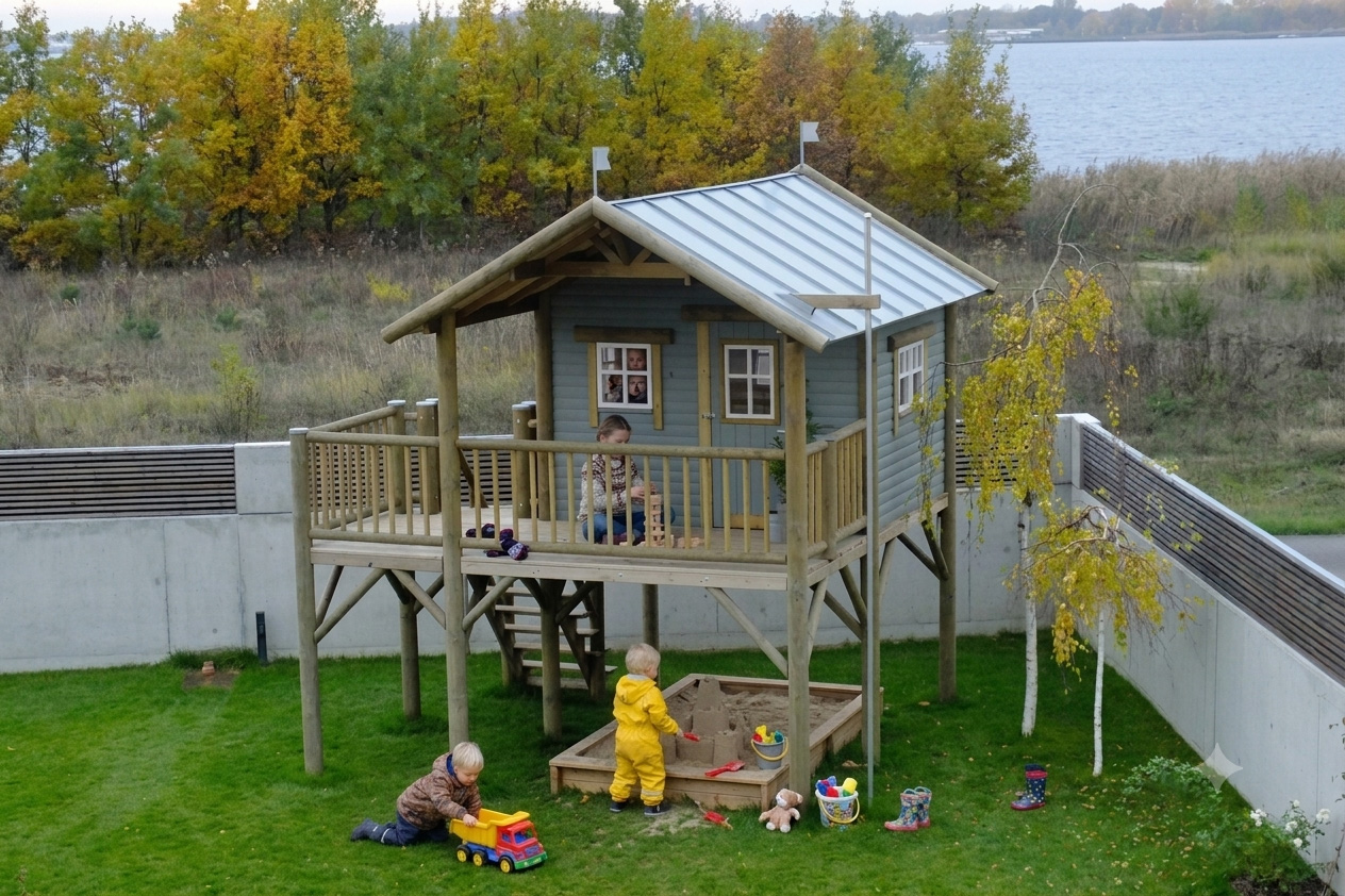 Stelzenhaus Hansson XXL-A2 großes Spielhaus mit spielenden Kindern im Garten