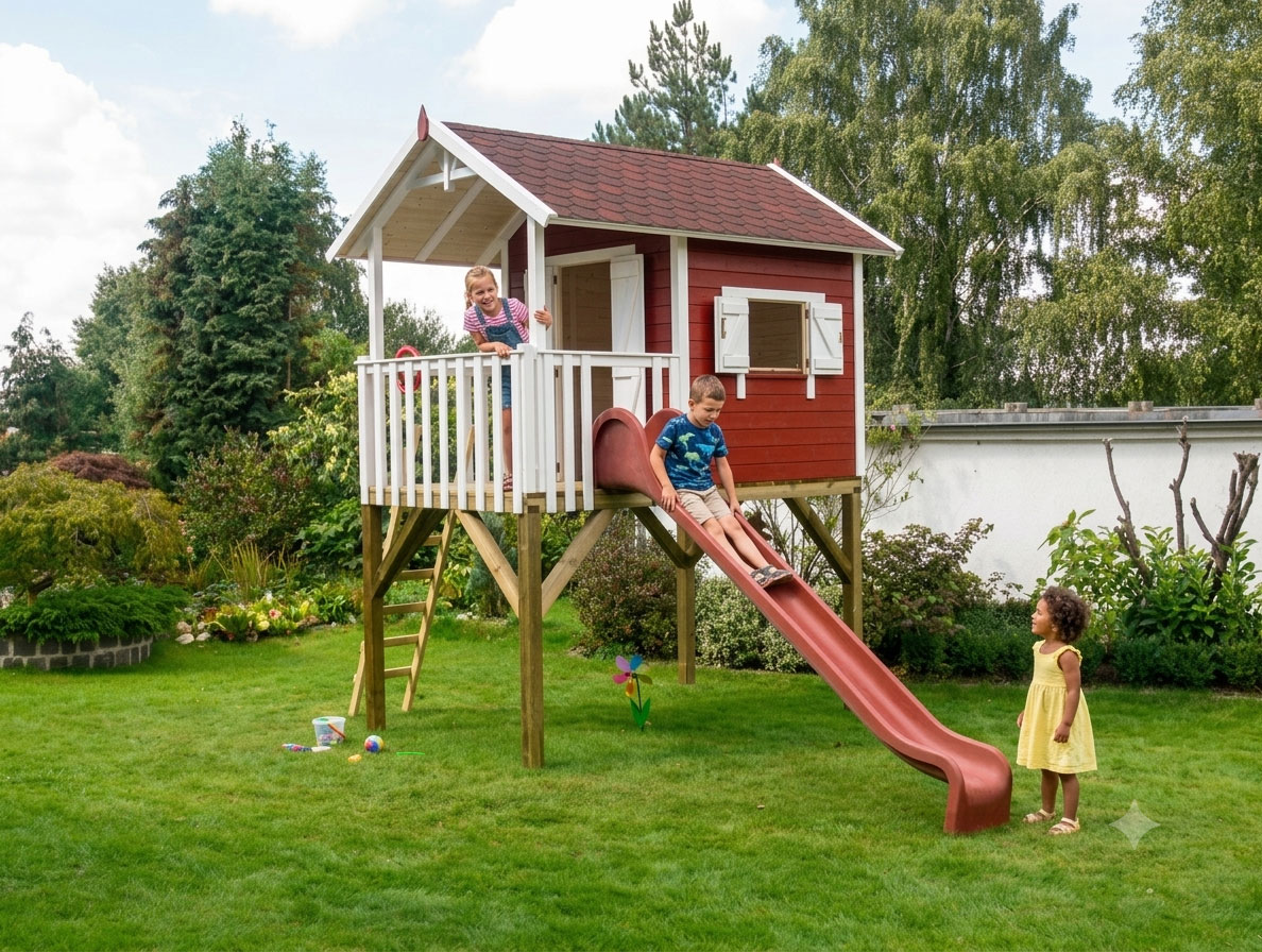 Stelzenhaus Janson L Kinder spielen im Spielhaus mit Rutsche
