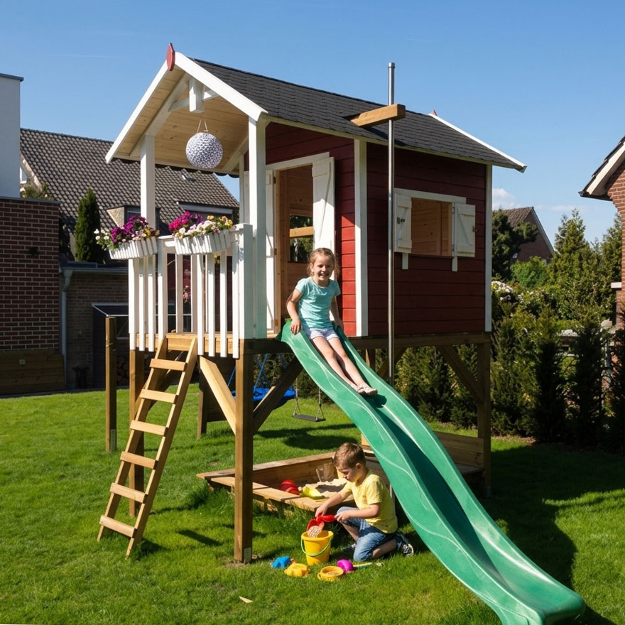 Stelzenhaus Janson XL-A1 von KASO mit Rutsche und Sandkasten im Garten