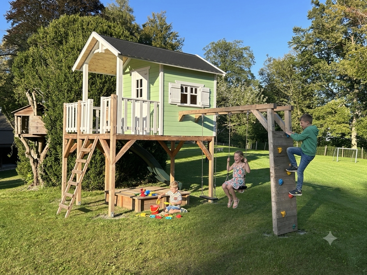 Wunderschönes Stelzenhaus Janson XL-A4 mit schwarzem Schindeldach und angebautem Schaukelanbau