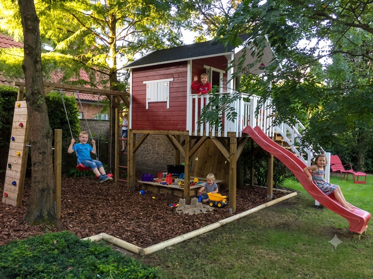 Spielende Kinder am Stelzenhaus Janson XXL-A2 großes Spielhaus im Garten