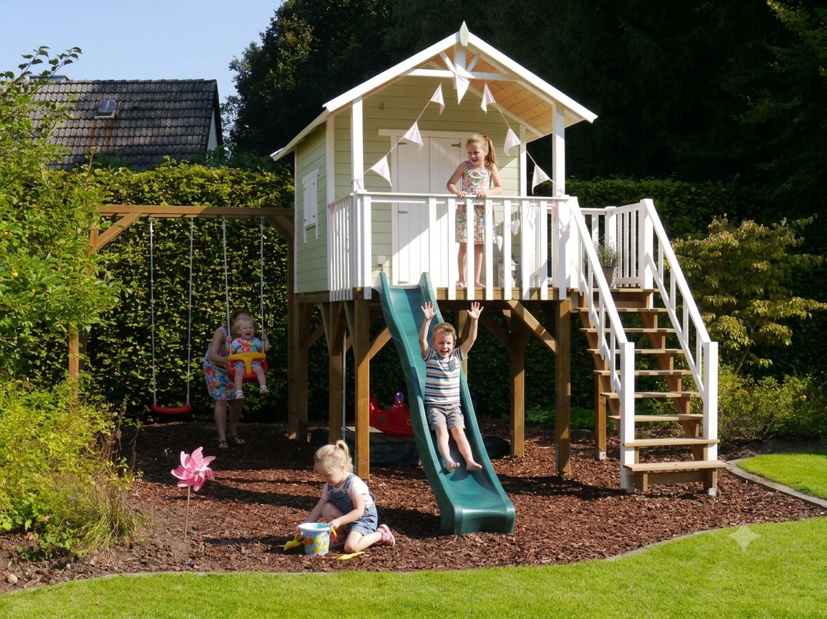Spielende Kinder am grünen Stelzenhaus Janson XXL-A3 Spielhaus im Garten