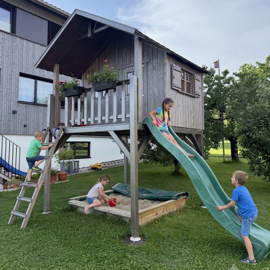 KASO Stelzenhaus Jonas XXL-A1 aus Holz im Garten mit Wellenrutsche, Sandkasten, Leiter und spielenden Kindern.