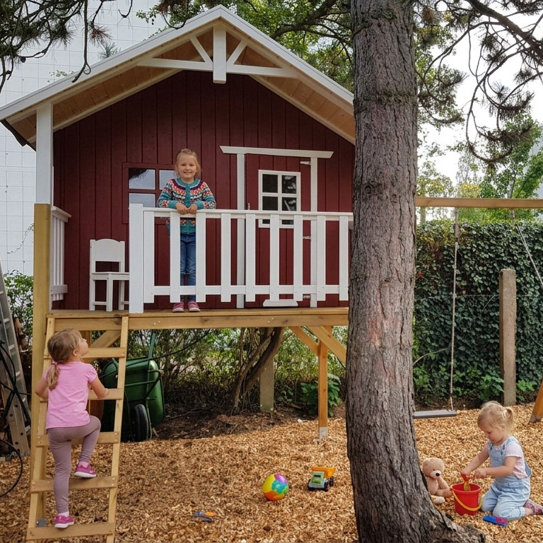 Stelzenhaus Jonas XXL von KASO in Rot und Weiß mit Veranda und Holzleiter im Garten; drei Kinder spielen am und auf dem Spielhaus.