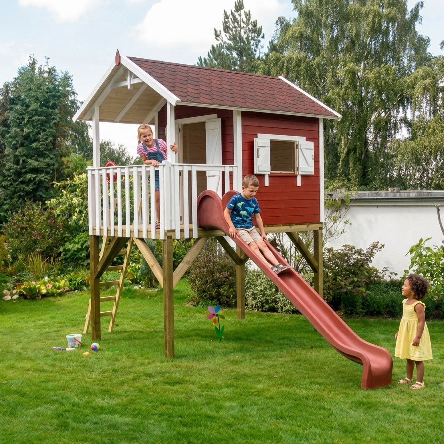 KASO Stelzenhaus Janson L aus Holz in Rot und Weiß mit Rutsche, Veranda, Leiter und spielenden Kindern im Garten