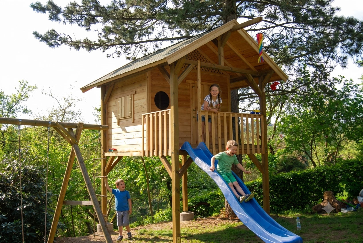 Spielende Kinder am Stelzenhaus Maxx XXL in Lärche im Garten Holzhaus mit Rutsche