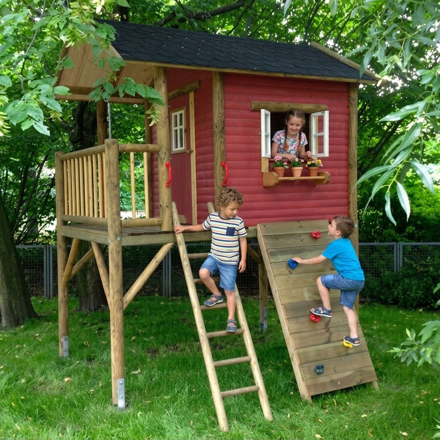 Holz-Stelzenhaus Persson XL von KASO mit Kletterwand, Leiter und drei spielenden Kindern im Garten