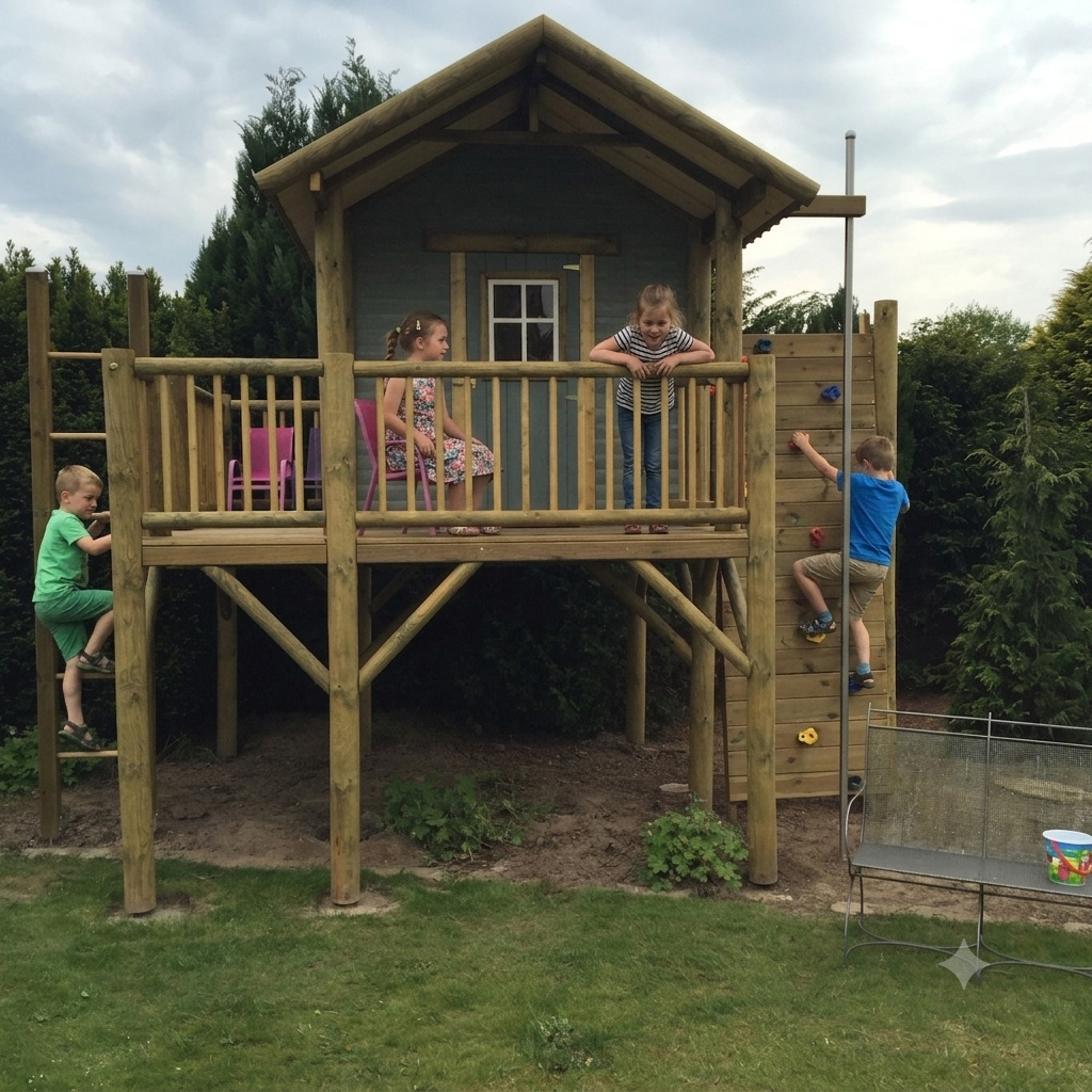 Stelzenhaus Persson XXL-A2 grosses Kinder Spielhaus mit Kletterwand und Rutschstange