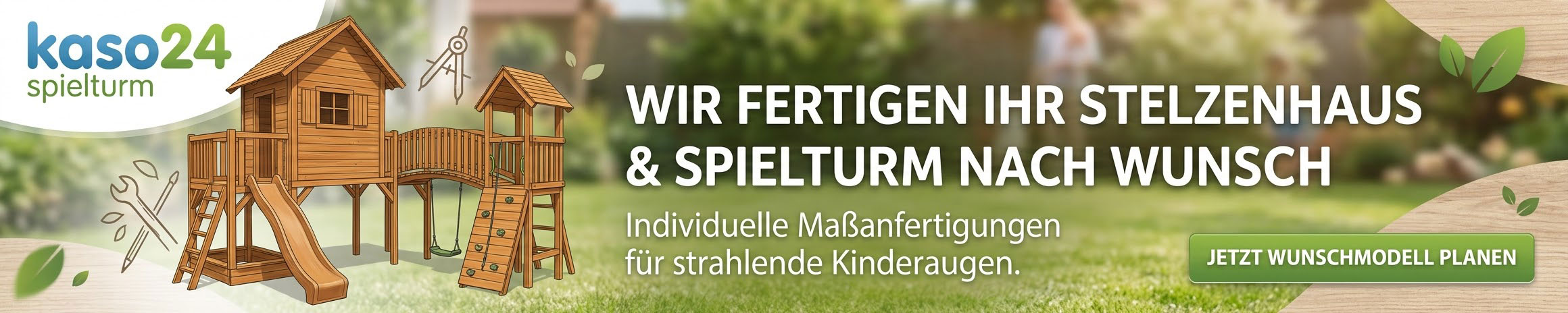 Holzspielhaus und Kletterturm nach Maß für den Garten mit Schaukel und Rutsche - KASO Spielturm Banner