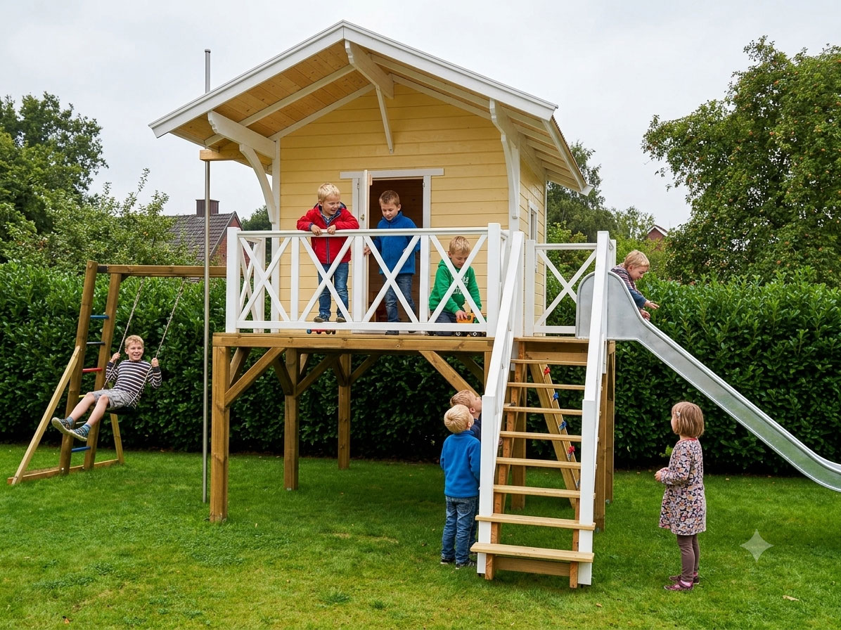 Spielende Kinder am gelben Stelzenhaus Swenson XXL im Garten